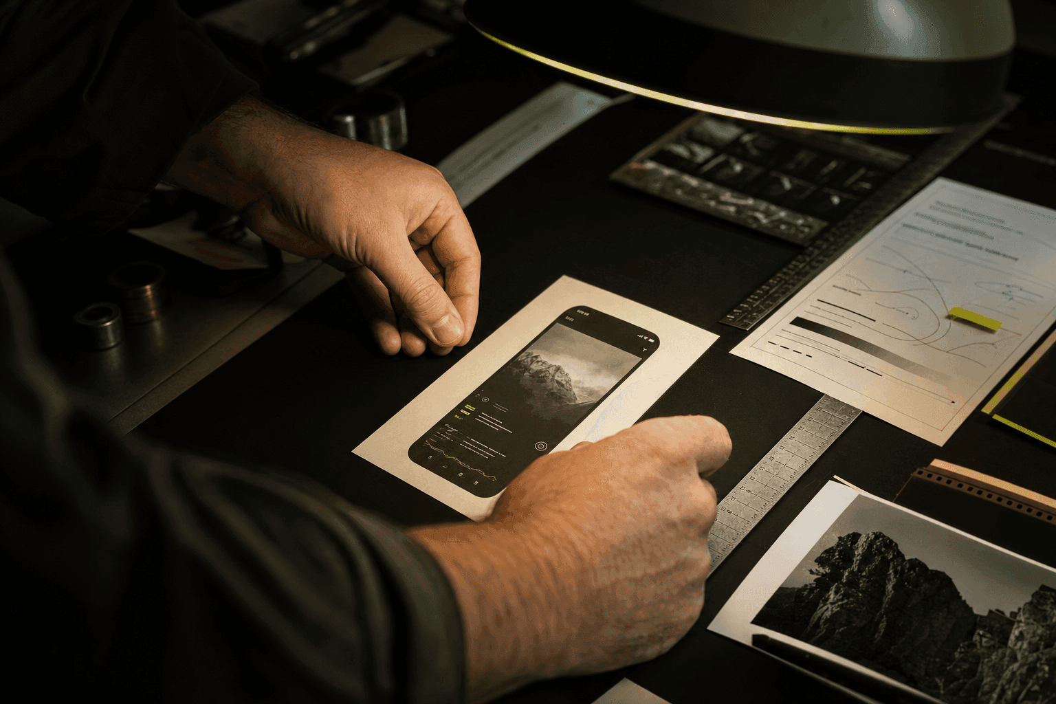 Hands placing a printed app screenshot onto a drafting table with precision tools