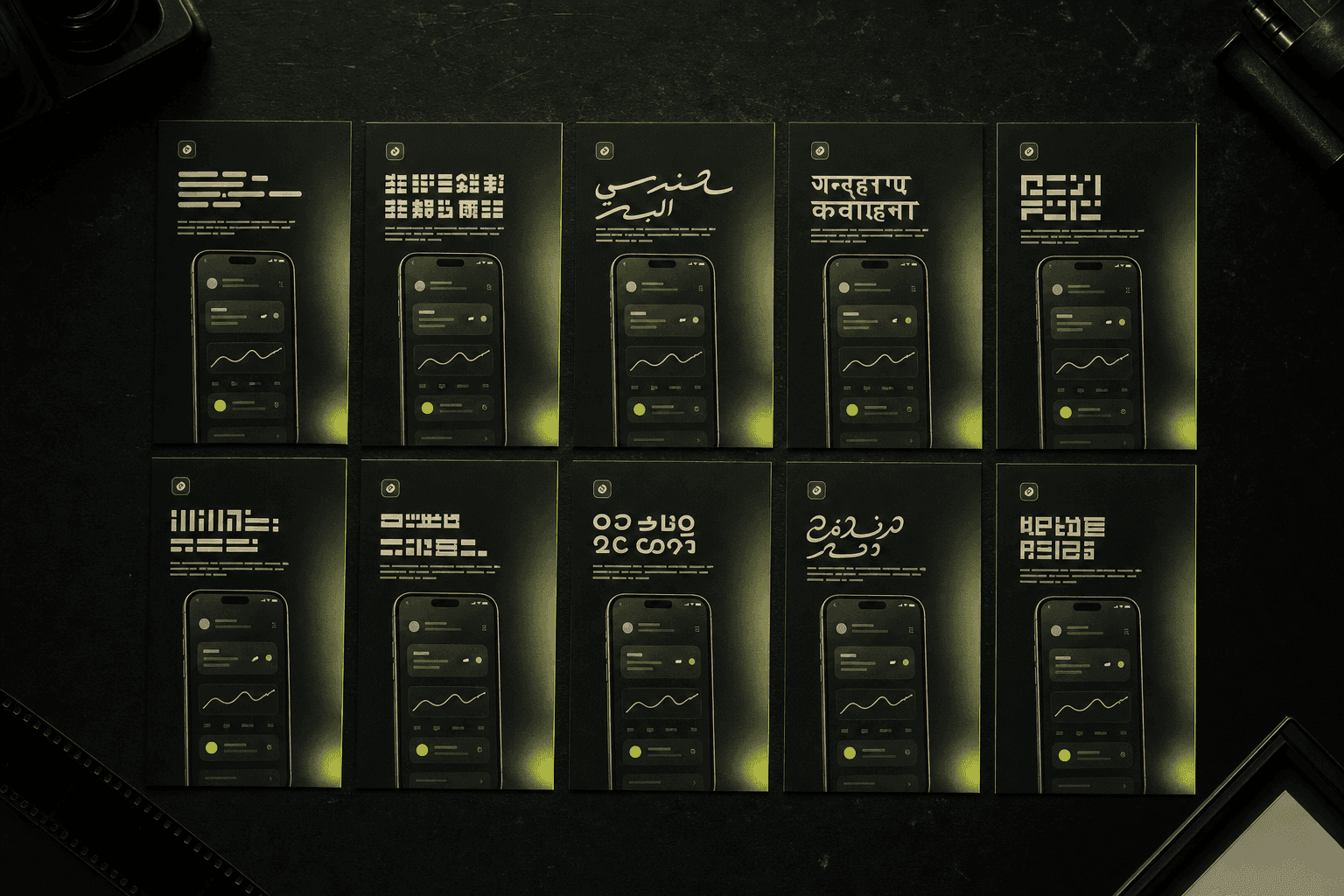 The same app store screenshot repeated as a contact sheet of ten language variants
