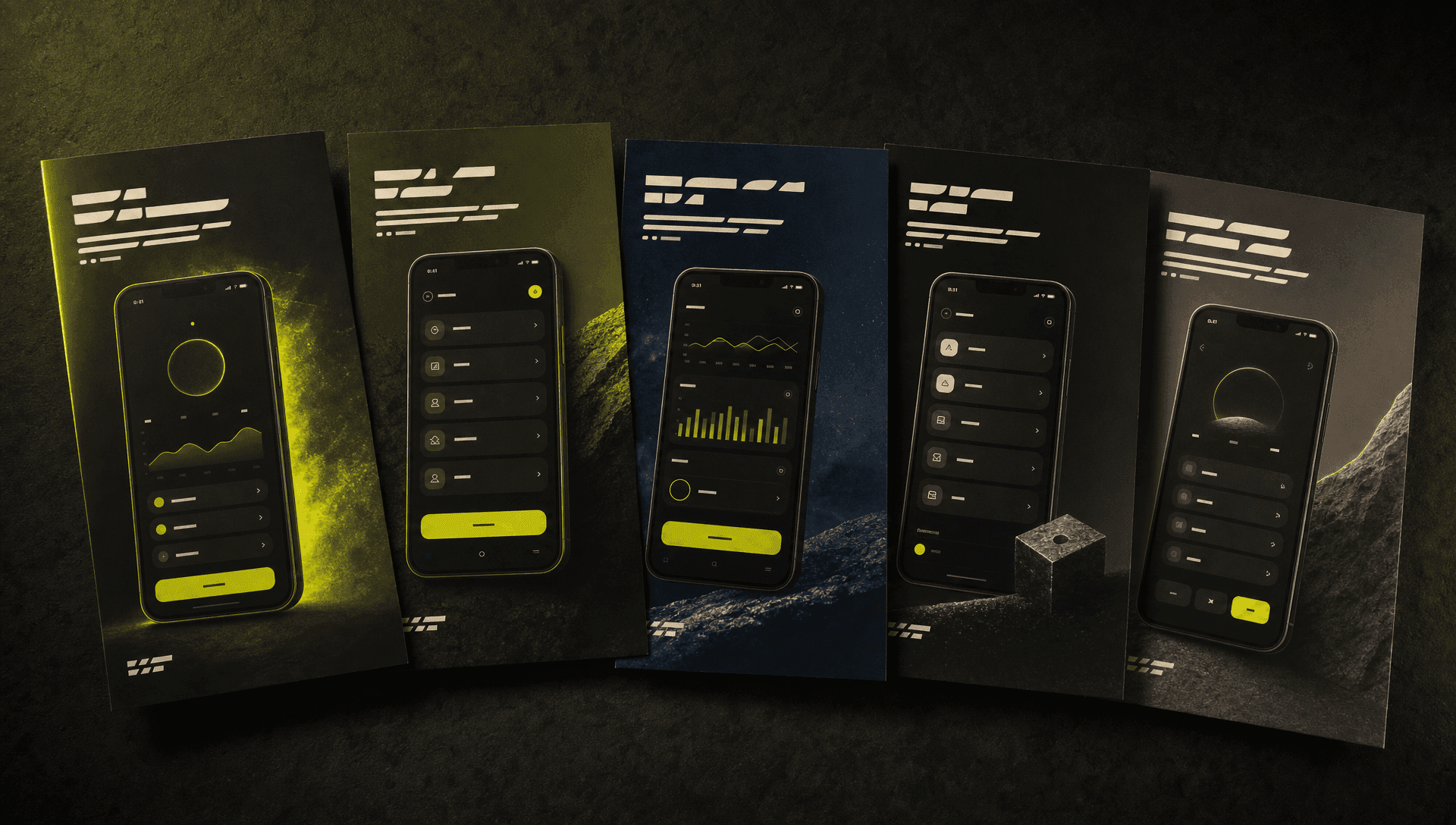 A set of five on-brand app store marketing screenshots generated by Storeboard, laid out as prints on a studio table