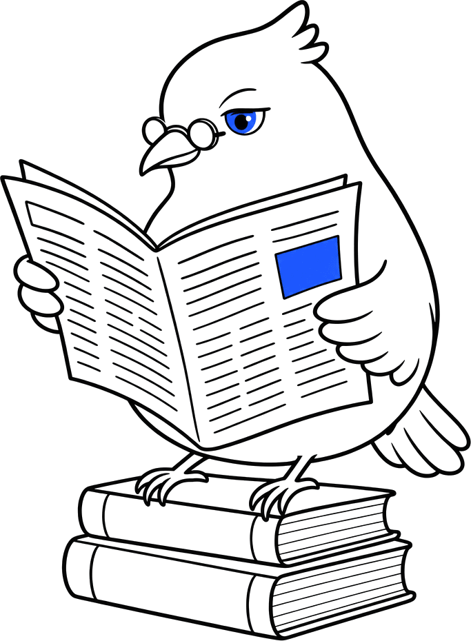 The Storeboard bowerbird reading a newspaper on a stack of books