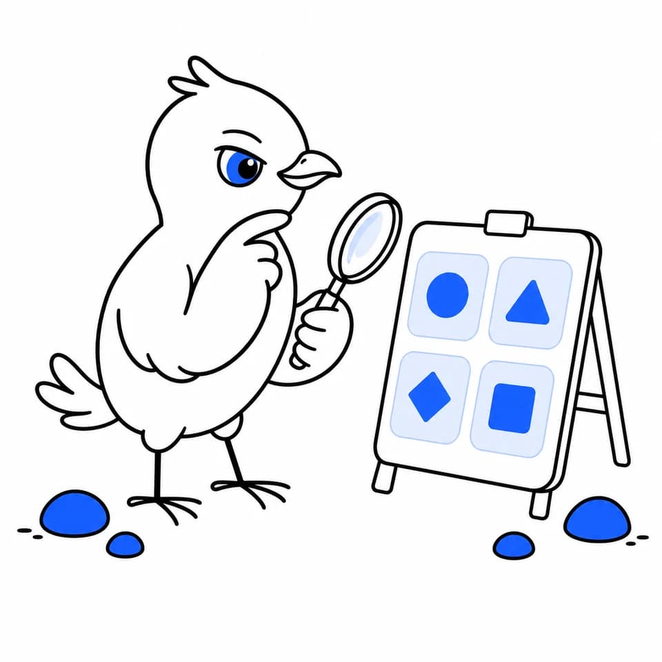 Storeboard bird inspecting four app icon concepts
