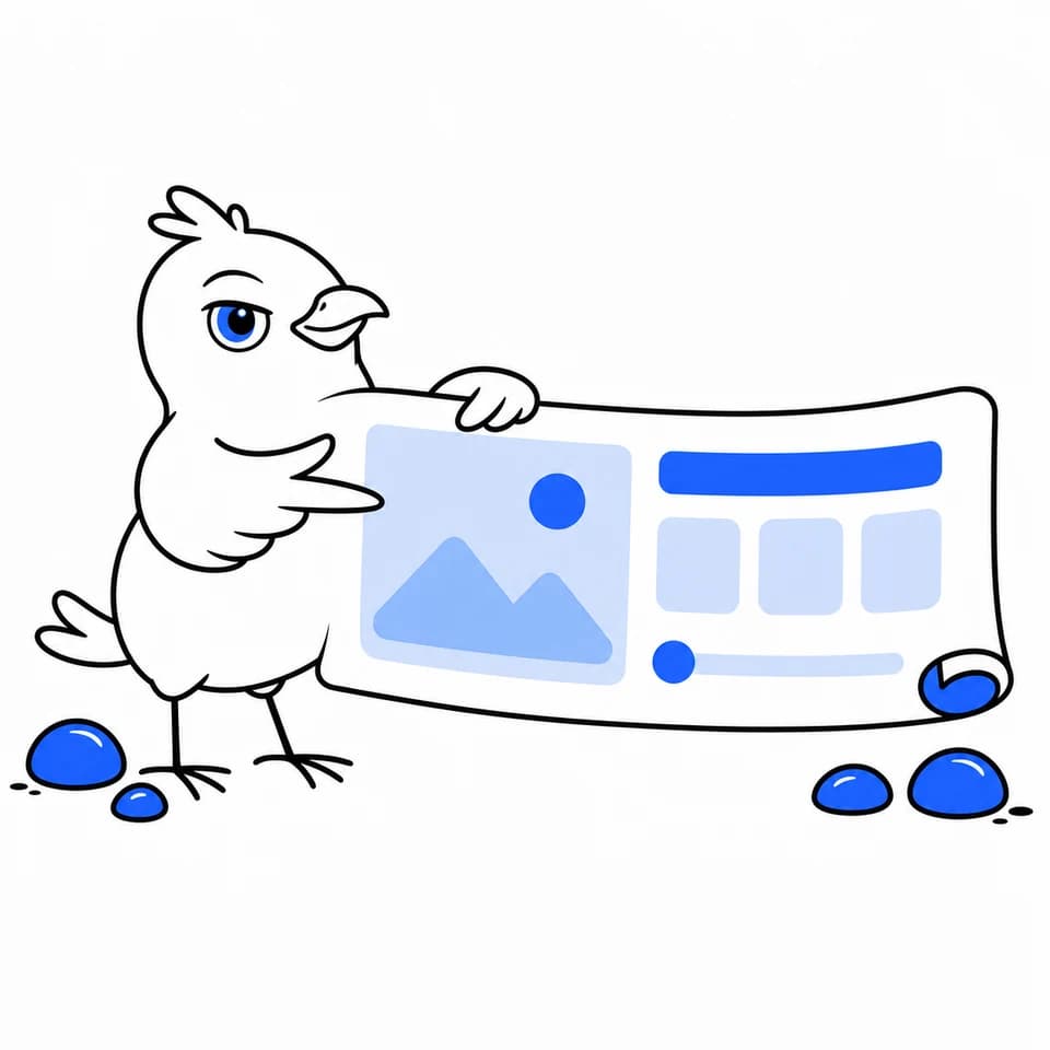 Storeboard bird presenting a wide feature graphic