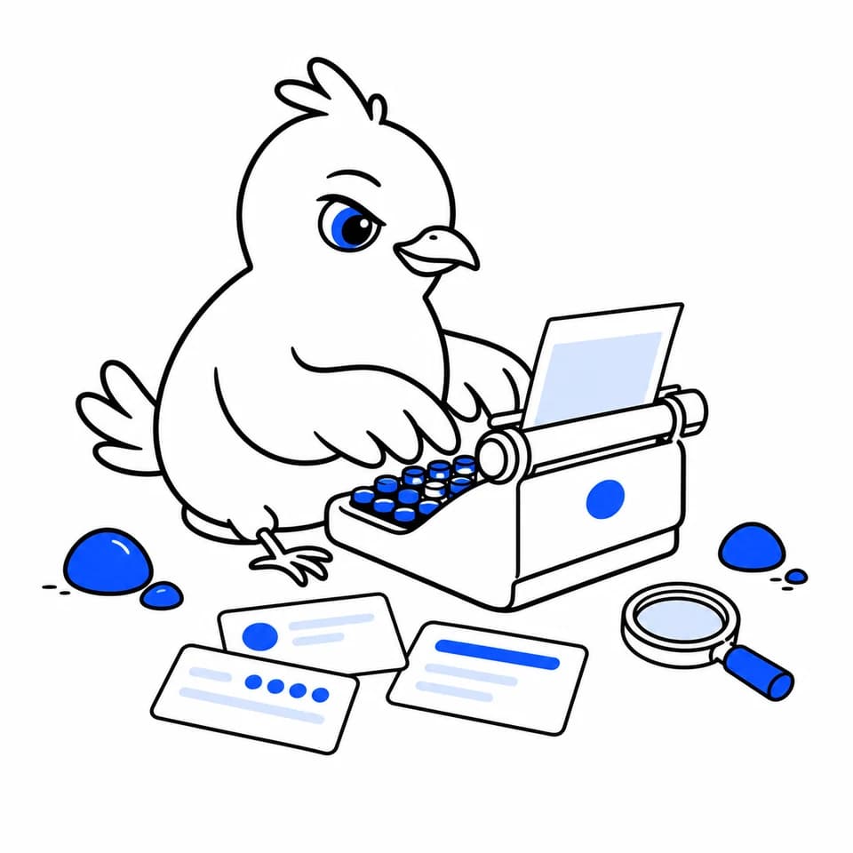 Storeboard bird writing app listing copy at a typewriter