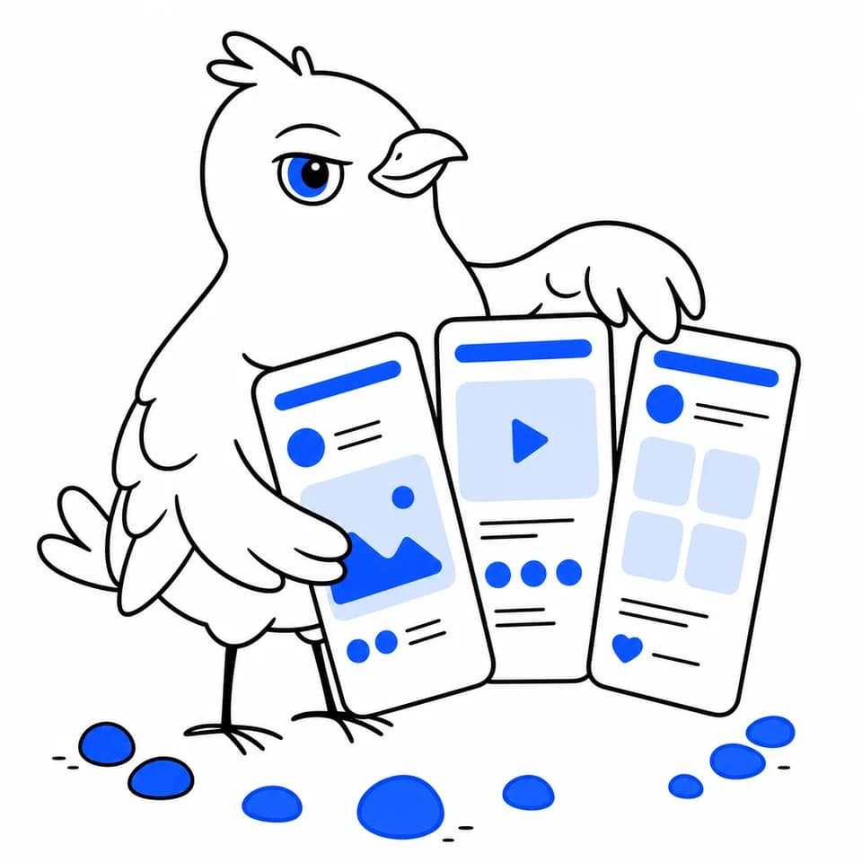 Storeboard bird arranging three app store screenshot cards
