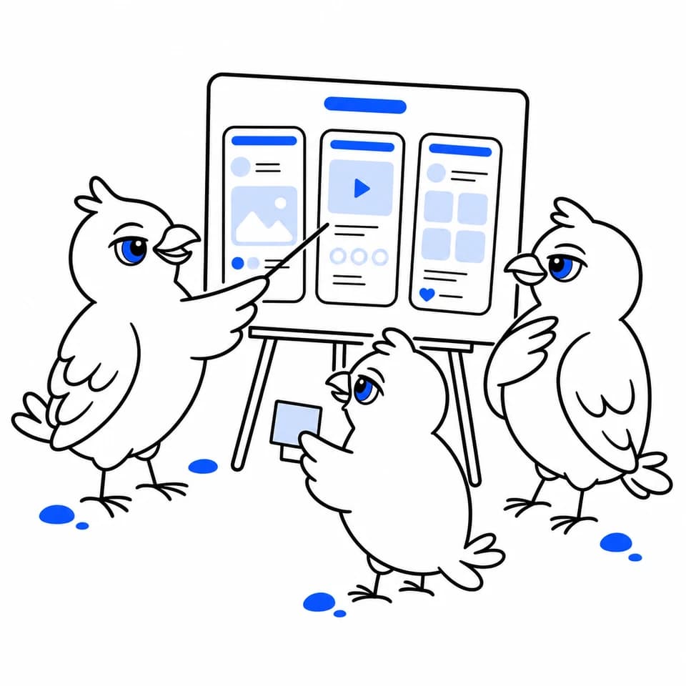 Three Storeboard birds reviewing app store assets together